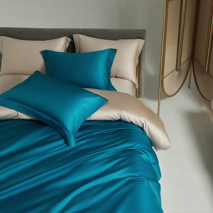 91家纺网 家纺一手货源 找家纺 柔觉家纺 2025新款100支长绒棉A类纯色双拼素色全棉四件套 海港蓝-卡布其