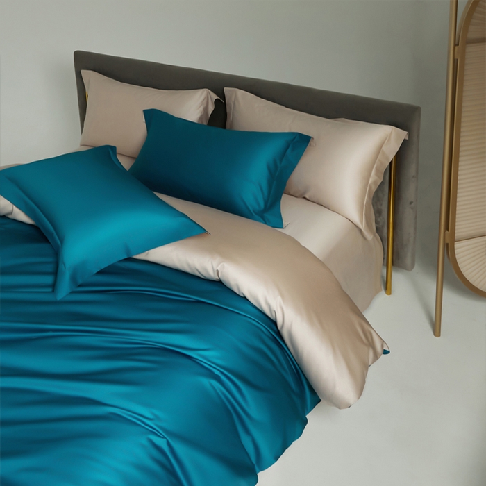 91家纺网 家纺一手货源 找家纺 柔觉家纺 2025新款100支长绒棉A类纯色双拼素色全棉四件套 海港蓝-卡布其