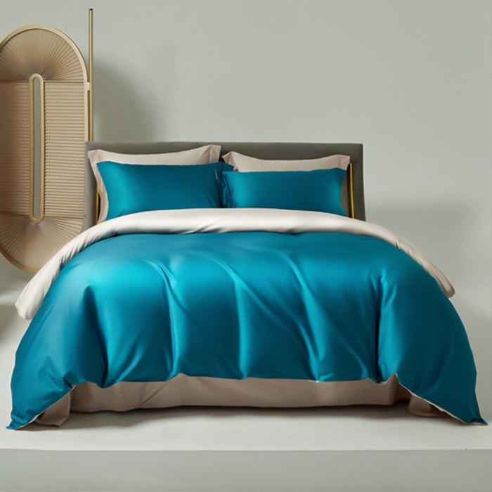 91家纺网 家纺一手货源 找家纺 柔觉家纺 2025新款100支长绒棉A类纯色双拼素色全棉四件套 海港蓝-卡布其