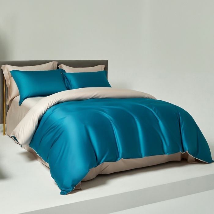 91家纺网 家纺一手货源 找家纺 柔觉家纺 2025新款100支长绒棉A类纯色双拼素色全棉四件套 海港蓝-卡布其