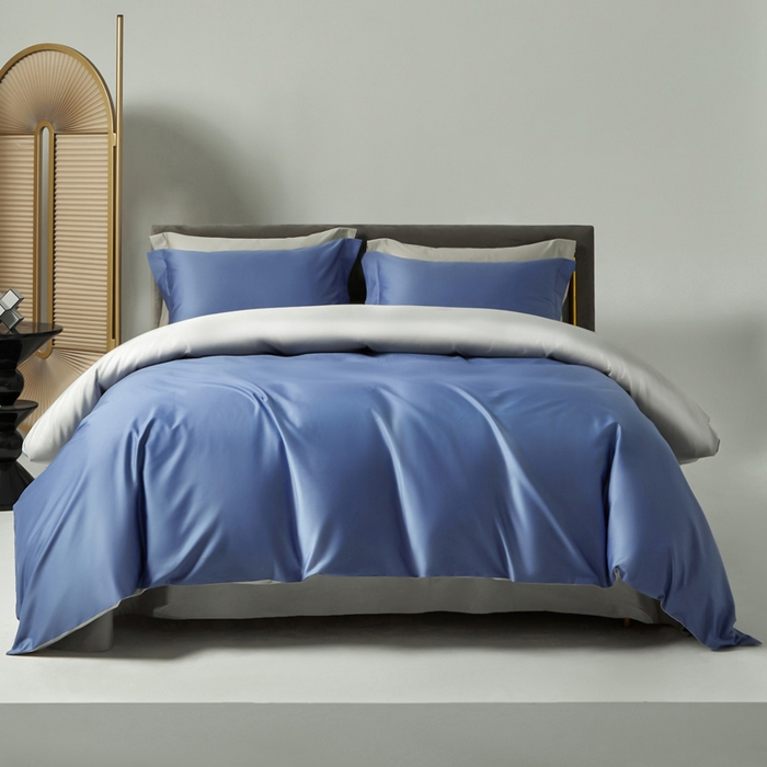 91家纺网 家纺一手货源 找家纺 柔觉家纺 2025新款100支长绒棉A类纯色双拼素色全棉四件套 海蓝-雅致银