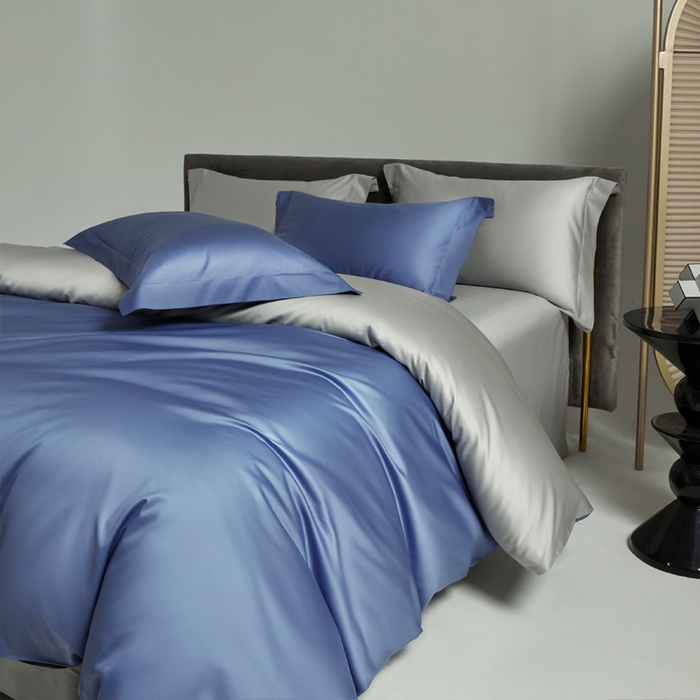 91家纺网 家纺一手货源 找家纺 柔觉家纺 2025新款100支长绒棉A类纯色双拼素色全棉四件套 海蓝-雅致银