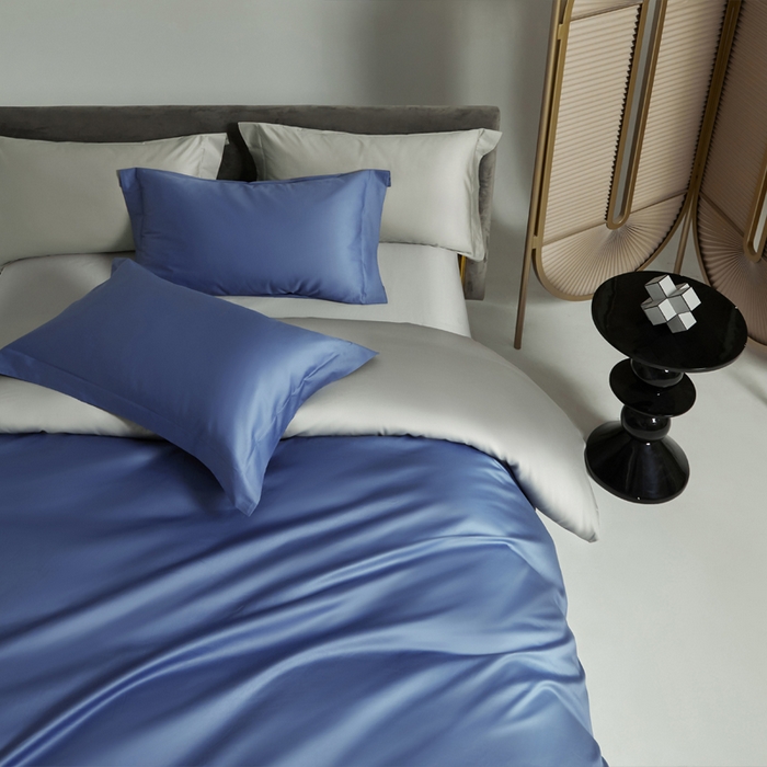 91家纺网 家纺一手货源 找家纺 柔觉家纺 2025新款100支长绒棉A类纯色双拼素色全棉四件套 海蓝-雅致银