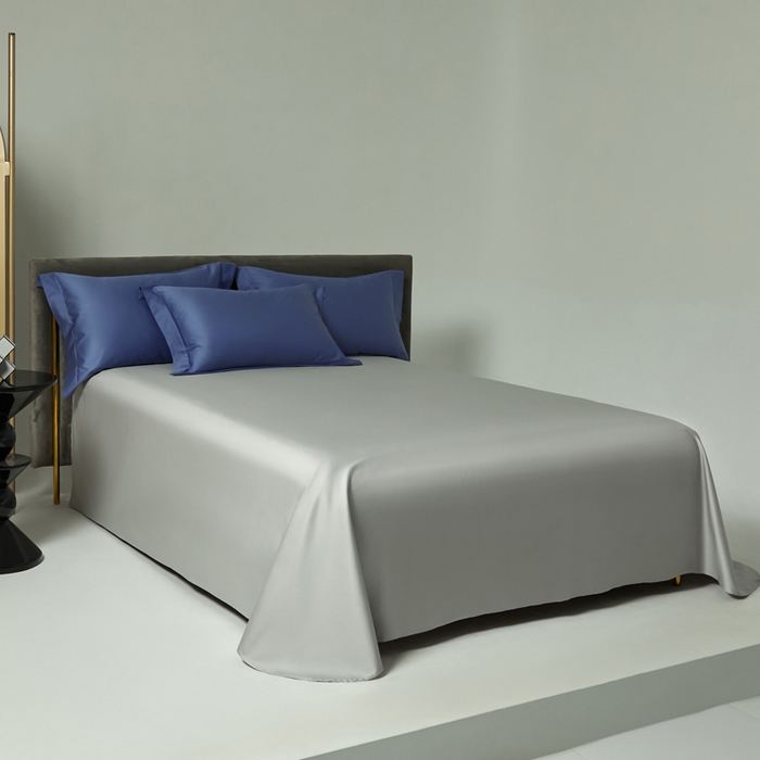 91家纺网 家纺一手货源 找家纺 柔觉家纺 2025新款100支长绒棉A类纯色双拼素色全棉四件套 海蓝-雅致银