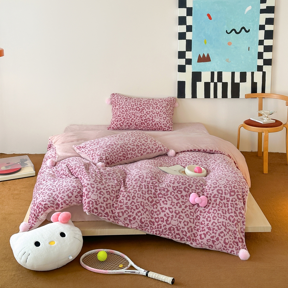 （总）桃子家居 2025新款A类ins豹纹立体蝴蝶结毛球工艺少女加厚牛奶绒四件套