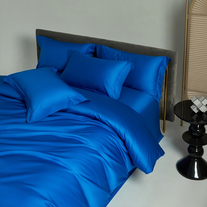 91家纺网 家纺一手货源 找家纺 柔觉家纺 2025新款100支长绒棉A类纯色双拼素色全棉四件套 活力蓝