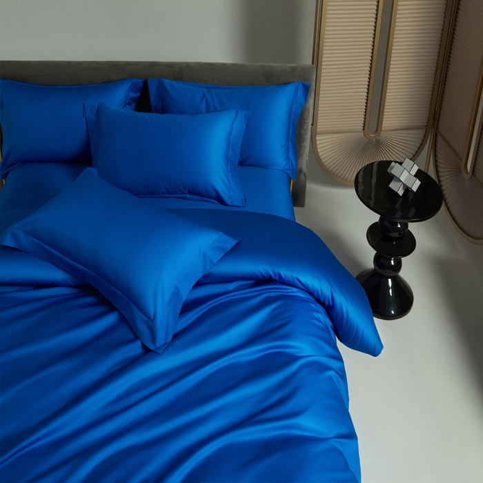 91家纺网 家纺一手货源 找家纺 柔觉家纺 2025新款100支长绒棉A类纯色双拼素色全棉四件套 活力蓝