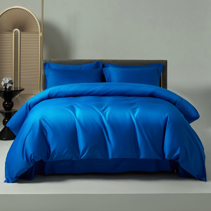 91家纺网 家纺一手货源 找家纺 柔觉家纺 2025新款100支长绒棉A类纯色双拼素色全棉四件套 活力蓝