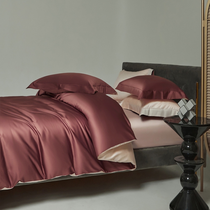 91家纺网 家纺一手货源 找家纺 柔觉家纺 2025新款100支长绒棉A类纯色双拼素色全棉四件套 可可咖-浅粉