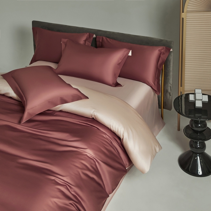 91家纺网 家纺一手货源 找家纺 柔觉家纺 2025新款100支长绒棉A类纯色双拼素色全棉四件套 可可咖-浅粉