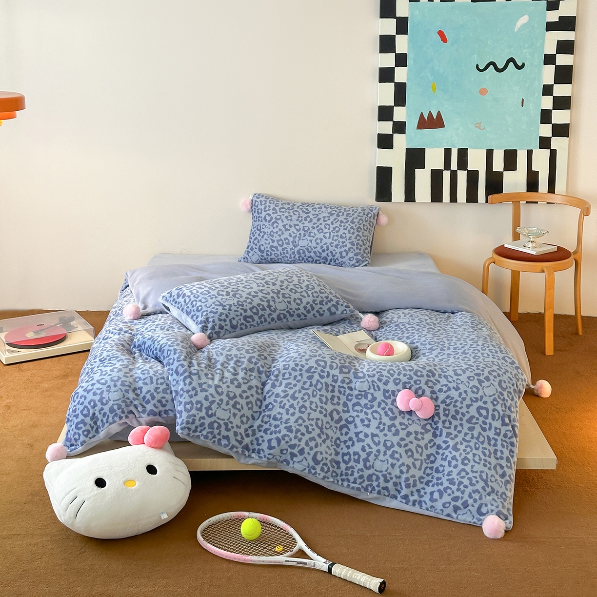 91家纺网 家纺一手货源 找家纺 （总）桃子家居 2025新款A类ins豹纹立体蝴蝶结毛球工艺少女加厚牛奶绒四件套