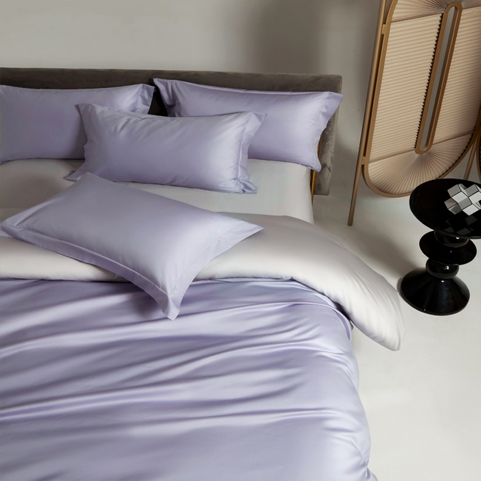 91家纺网 家纺一手货源 找家纺 柔觉家纺 2025新款100支长绒棉A类纯色双拼素色全棉四件套 奶油紫