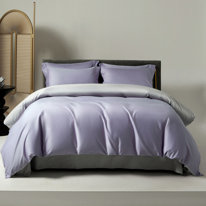 91家纺网 家纺一手货源 找家纺 柔觉家纺 2025新款100支长绒棉A类纯色双拼素色全棉四件套 奶油紫