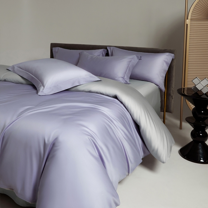 91家纺网 家纺一手货源 找家纺 柔觉家纺 2025新款100支长绒棉A类纯色双拼素色全棉四件套 奶油紫-星光银
