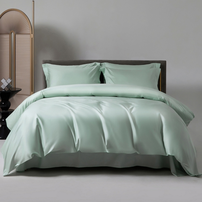 91家纺网 家纺一手货源 找家纺 柔觉家纺 2025新款100支长绒棉A类纯色双拼素色全棉四件套 嫰果绿