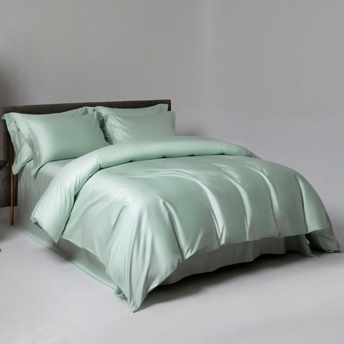 91家纺网 家纺一手货源 找家纺 柔觉家纺 2025新款100支长绒棉A类纯色双拼素色全棉四件套 嫰果绿