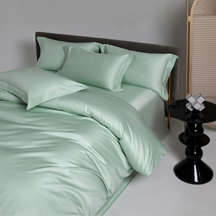 91家纺网 家纺一手货源 找家纺 柔觉家纺 2025新款100支长绒棉A类纯色双拼素色全棉四件套 嫰果绿