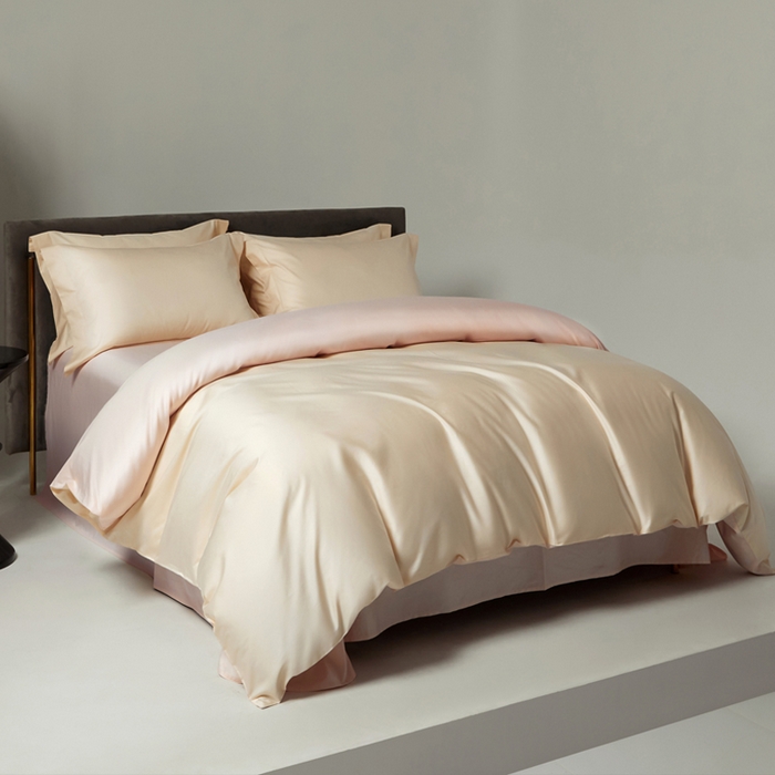 91家纺网 家纺一手货源 找家纺 柔觉家纺 2025新款100支长绒棉A类纯色双拼素色全棉四件套 香草色-浅粉