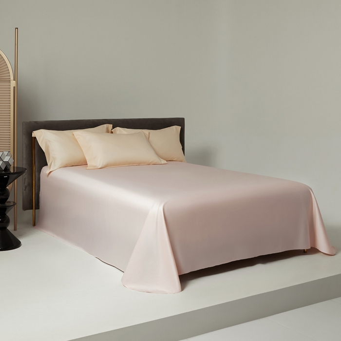 91家纺网 家纺一手货源 找家纺 柔觉家纺 2025新款100支长绒棉A类纯色双拼素色全棉四件套 香草色-浅粉