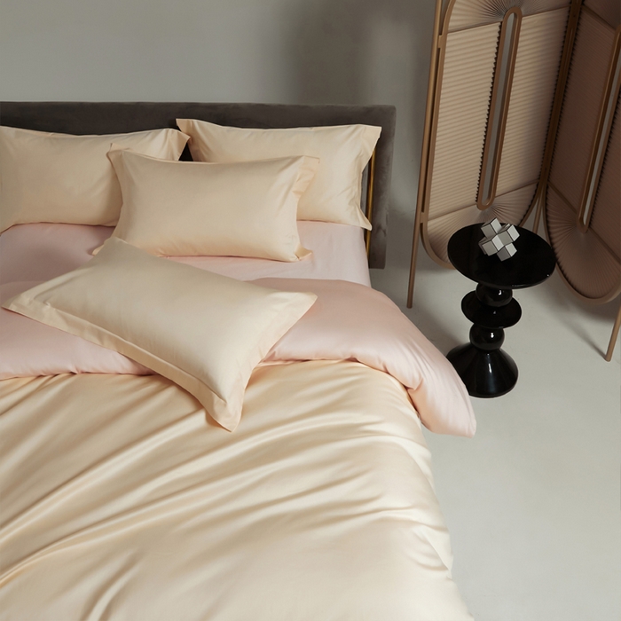 91家纺网 家纺一手货源 找家纺 柔觉家纺 2025新款100支长绒棉A类纯色双拼素色全棉四件套 香草色-浅粉