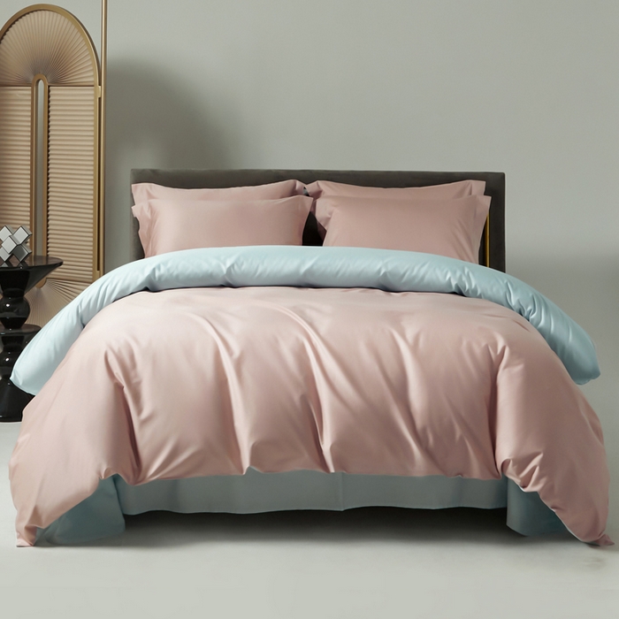 91家纺网 家纺一手货源 找家纺 柔觉家纺 2025新款100支长绒棉A类纯色双拼素色全棉四件套 樱桃粉-远天蓝