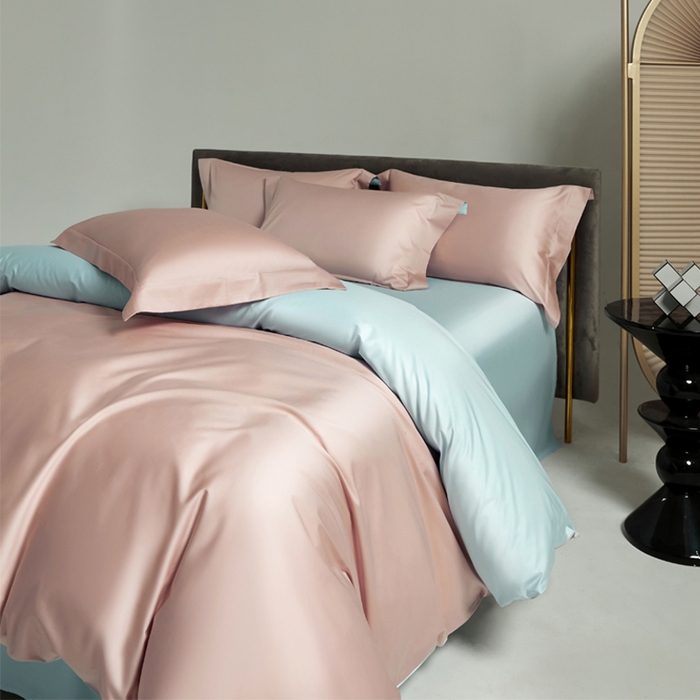 91家纺网 家纺一手货源 找家纺 柔觉家纺 2025新款100支长绒棉A类纯色双拼素色全棉四件套 樱桃粉-远天蓝