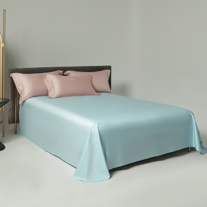 91家纺网 家纺一手货源 找家纺 柔觉家纺 2025新款100支长绒棉A类纯色双拼素色全棉四件套 樱桃粉-远天蓝