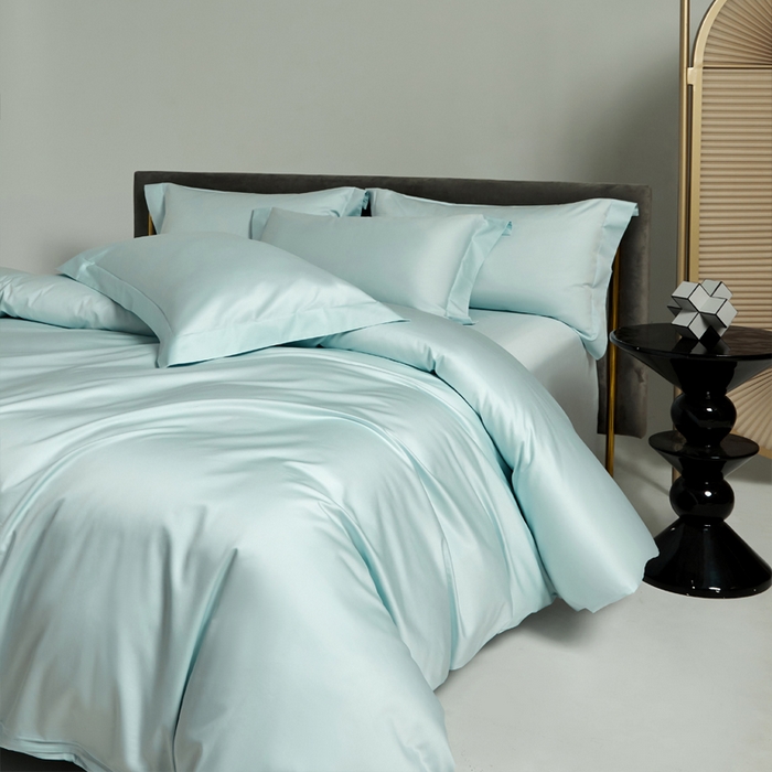 91家纺网 家纺一手货源 找家纺 柔觉家纺 2025新款100支长绒棉A类纯色双拼素色全棉四件套 远天蓝