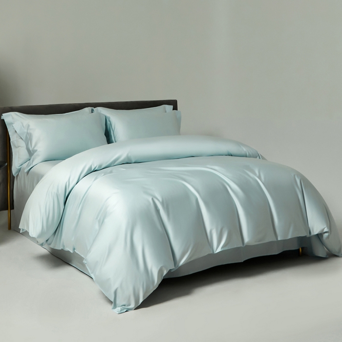 91家纺网 家纺一手货源 找家纺 柔觉家纺 2025新款100支长绒棉A类纯色双拼素色全棉四件套 远天蓝