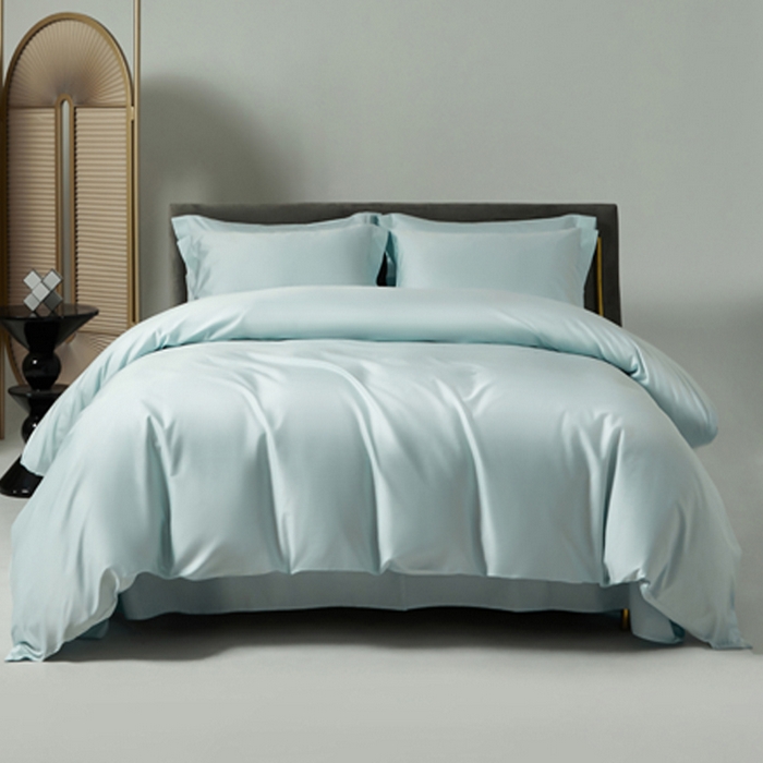 91家纺网 家纺一手货源 找家纺 柔觉家纺 2025新款100支长绒棉A类纯色双拼素色全棉四件套 远天蓝