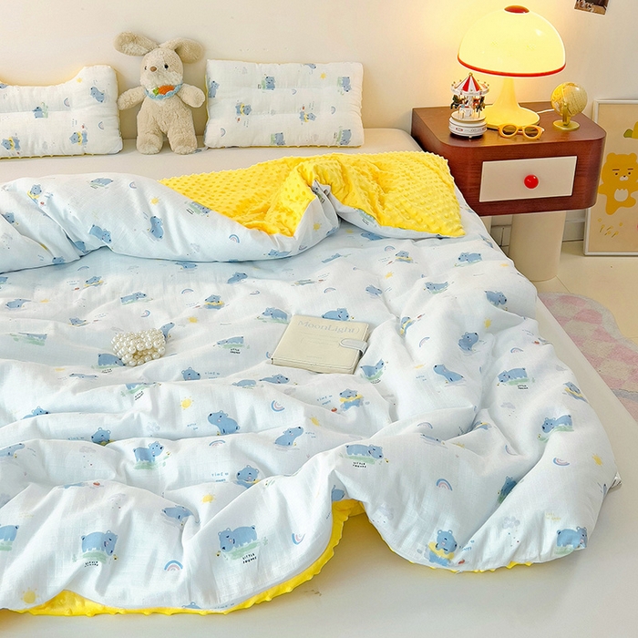 91家纺网 家纺一手货源 找家纺 十九色 2025新款婴幼儿安抚豆豆被全棉华夫格豆豆被一体款+可拆款（可机洗） 可拆款-河马宝宝