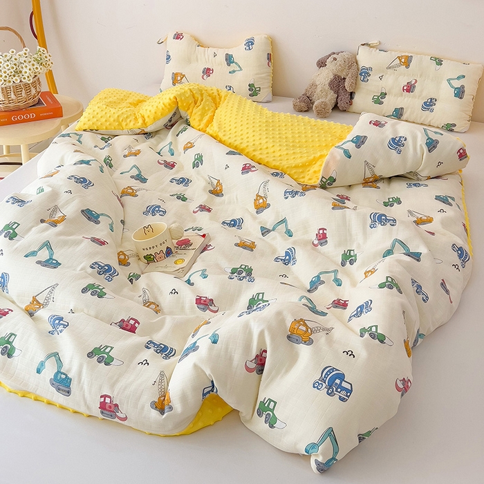 91家纺网 家纺一手货源 找家纺 十九色 2025新款婴幼儿安抚豆豆被全棉华夫格豆豆被一体款+可拆款（可机洗） 可拆款-小吊车