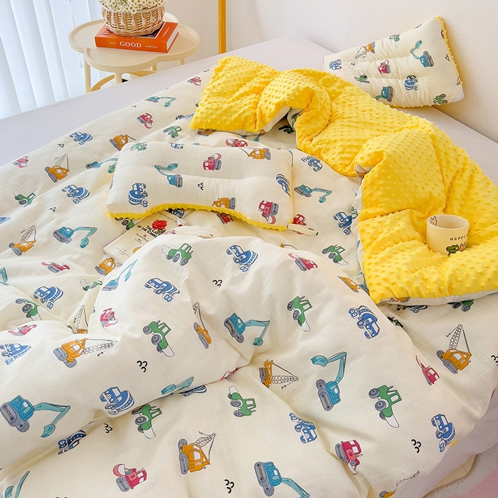 91家纺网 家纺一手货源 找家纺 十九色 2025新款婴幼儿安抚豆豆被全棉华夫格豆豆被一体款+可拆款（可机洗） 可拆款-小吊车