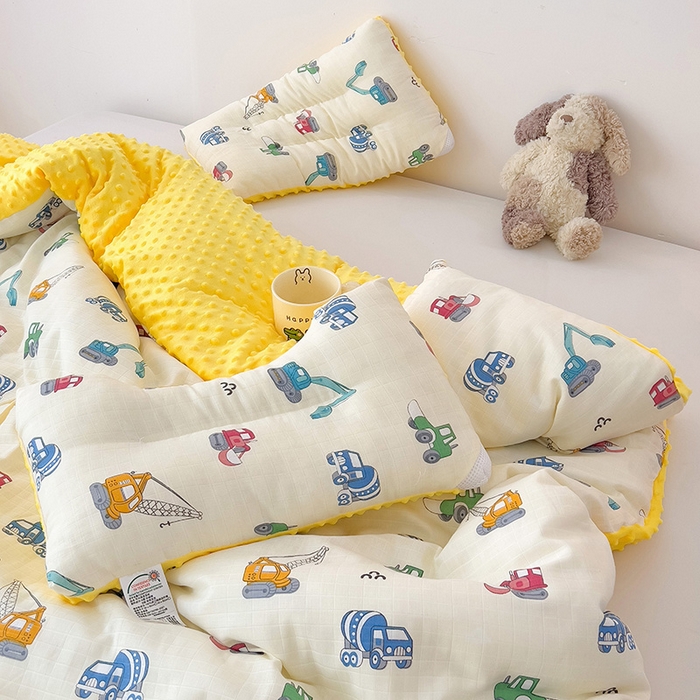 91家纺网 家纺一手货源 找家纺 十九色 2025新款婴幼儿安抚豆豆被全棉华夫格豆豆被一体款+可拆款（可机洗） 可拆款-小吊车