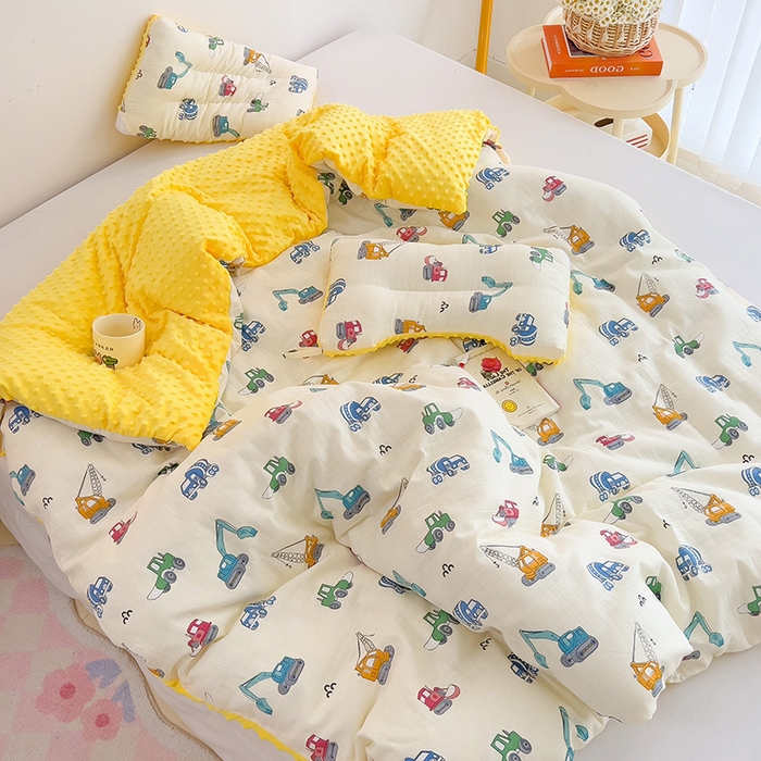 91家纺网 家纺一手货源 找家纺 十九色 2025新款婴幼儿安抚豆豆被全棉华夫格豆豆被一体款+可拆款（可机洗） 可拆款-小吊车