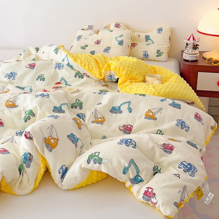 91家纺网 家纺一手货源 找家纺 十九色 2025新款婴幼儿安抚豆豆被全棉华夫格豆豆被一体款+可拆款（可机洗） 可拆款-小吊车