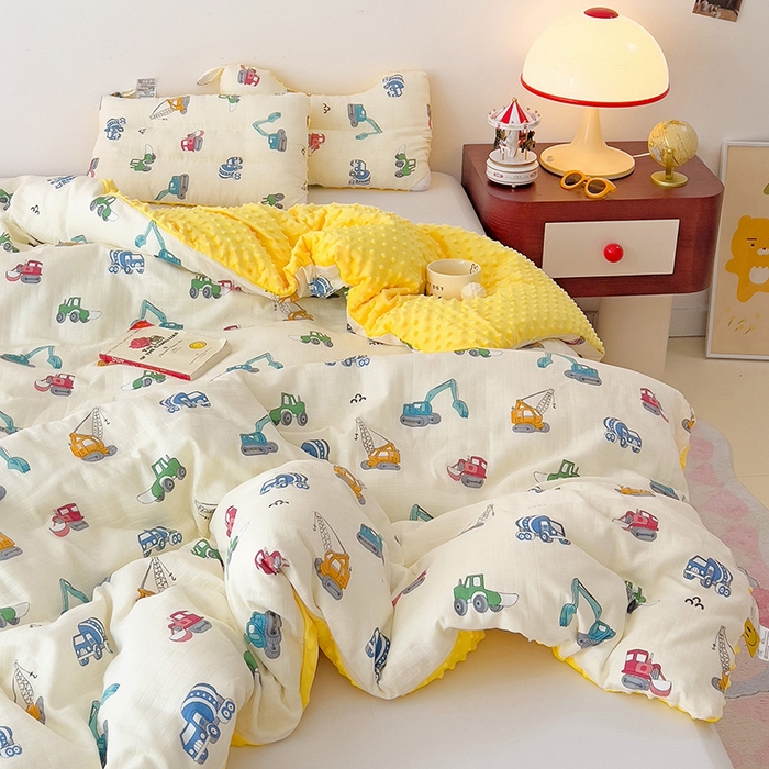 91家纺网 家纺一手货源 找家纺 十九色 2025新款婴幼儿安抚豆豆被全棉华夫格豆豆被一体款+可拆款（可机洗） 可拆款-小吊车