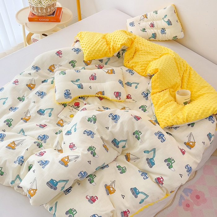 91家纺网 家纺一手货源 找家纺 十九色 2025新款婴幼儿安抚豆豆被全棉华夫格豆豆被一体款+可拆款（可机洗） 可拆款-小吊车