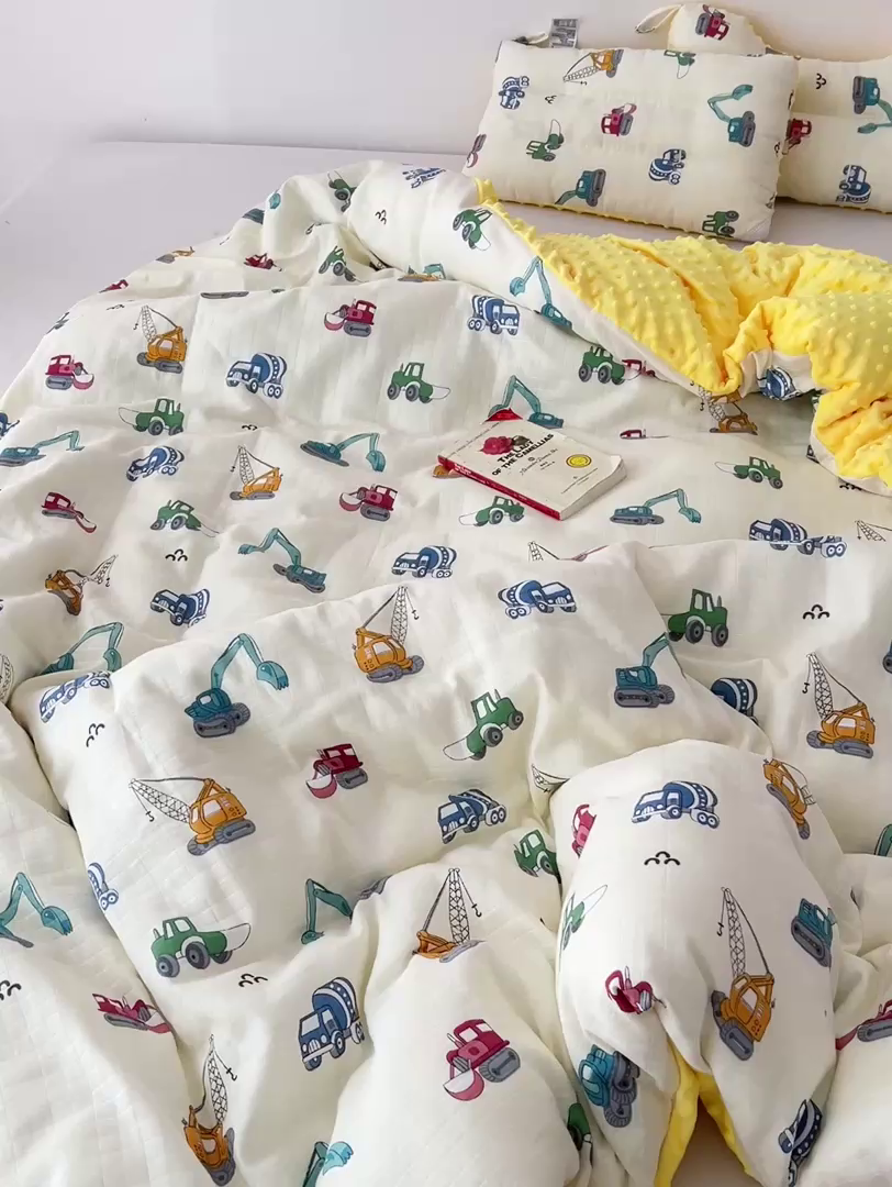 91家纺网 家纺一手货源 找家纺 十九色 2025新款婴幼儿安抚豆豆被全棉华夫格豆豆被一体款+可拆款（可机洗） 可拆款-小吊车