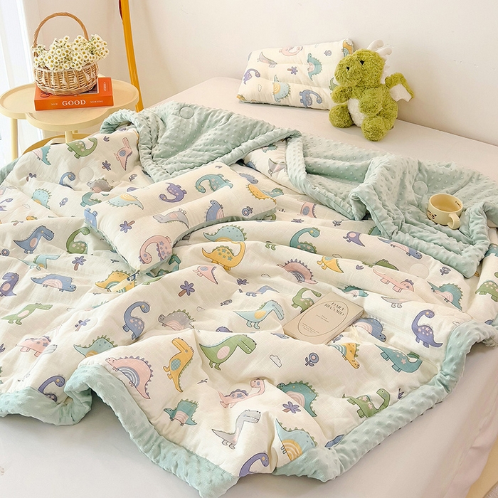 91家纺网 家纺一手货源 找家纺 十九色 2025新款婴幼儿安抚豆豆被全棉华夫格豆豆被一体款+可拆款（可机洗） 一体款-多彩恐龙