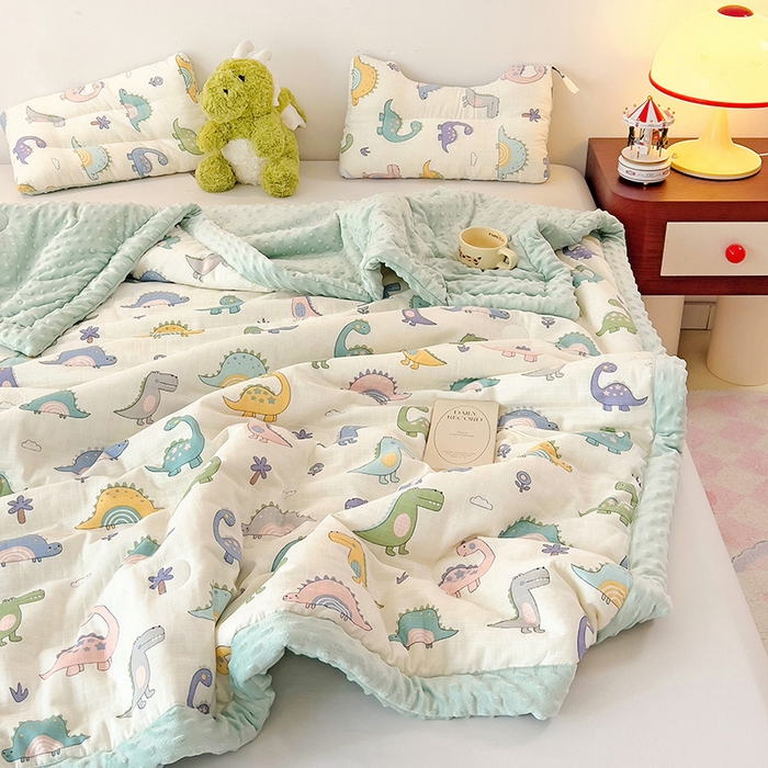 91家纺网 家纺一手货源 找家纺 十九色 2025新款婴幼儿安抚豆豆被全棉华夫格豆豆被一体款+可拆款（可机洗） 一体款-多彩恐龙