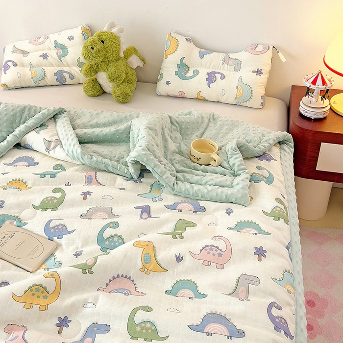 91家纺网 家纺一手货源 找家纺 十九色 2025新款婴幼儿安抚豆豆被全棉华夫格豆豆被一体款+可拆款（可机洗） 一体款-多彩恐龙