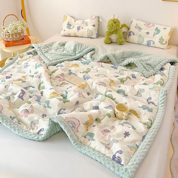 91家纺网 家纺一手货源 找家纺 十九色 2025新款婴幼儿安抚豆豆被全棉华夫格豆豆被一体款+可拆款（可机洗） 一体款-多彩恐龙