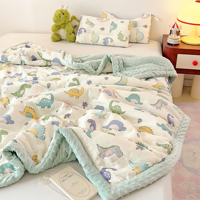 91家纺网 家纺一手货源 找家纺 十九色 2025新款婴幼儿安抚豆豆被全棉华夫格豆豆被一体款+可拆款（可机洗） 一体款-多彩恐龙