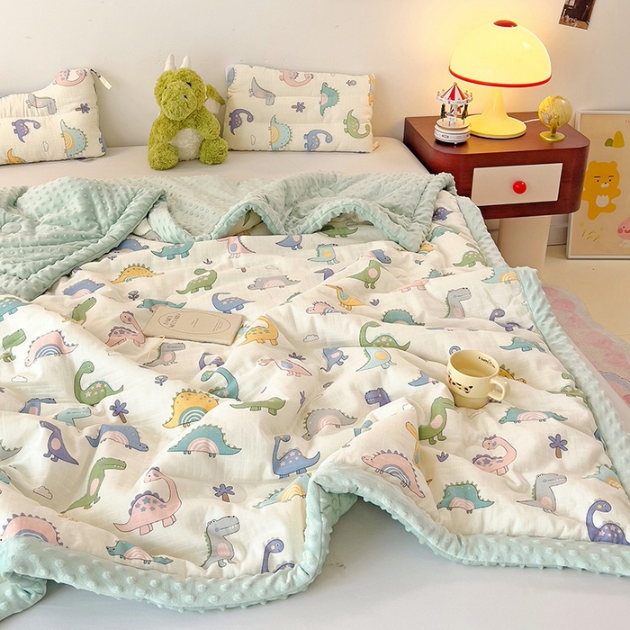 91家纺网 家纺一手货源 找家纺 十九色 2025新款婴幼儿安抚豆豆被全棉华夫格豆豆被一体款+可拆款（可机洗） 一体款-多彩恐龙