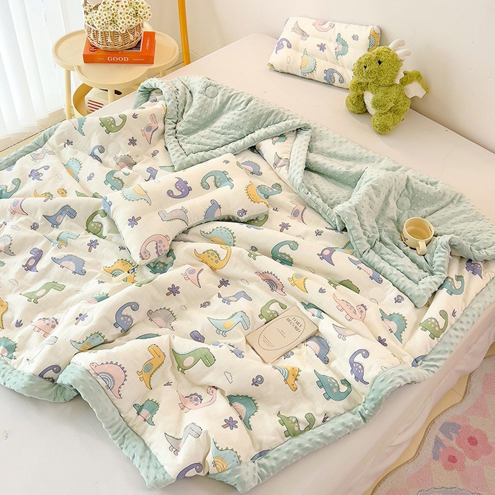 91家纺网 家纺一手货源 找家纺 十九色 2025新款婴幼儿安抚豆豆被全棉华夫格豆豆被一体款+可拆款（可机洗） 一体款-多彩恐龙