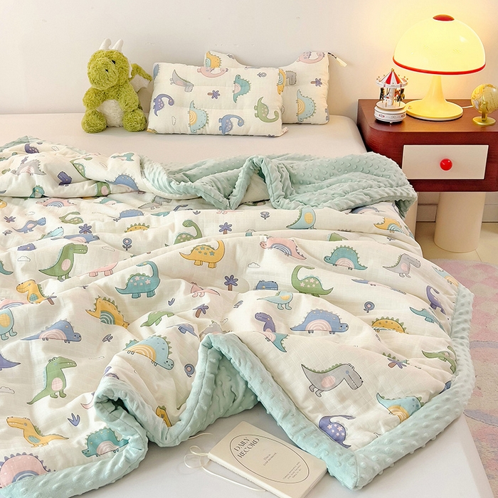 91家纺网 家纺一手货源 找家纺 十九色 2025新款婴幼儿安抚豆豆被全棉华夫格豆豆被一体款+可拆款（可机洗） 一体款-多彩恐龙