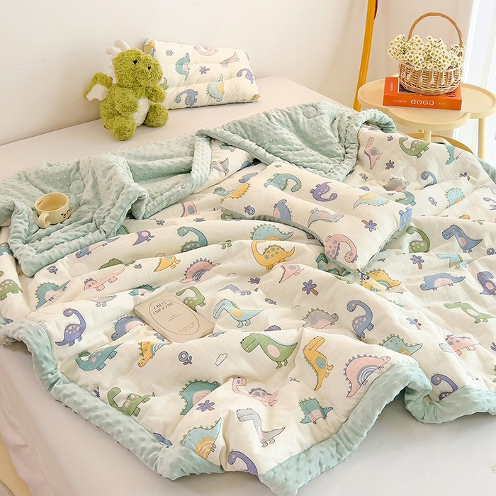 91家纺网 家纺一手货源 找家纺 十九色 2025新款婴幼儿安抚豆豆被全棉华夫格豆豆被一体款+可拆款（可机洗） 一体款-多彩恐龙