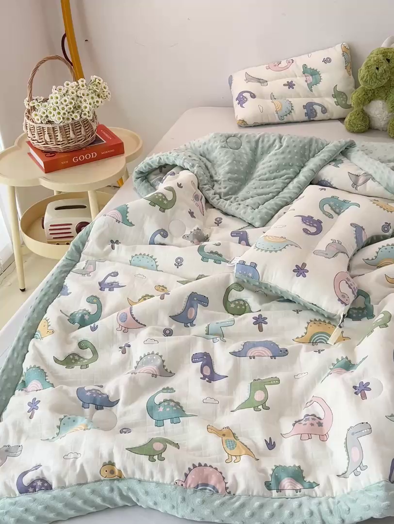 91家纺网 家纺一手货源 找家纺 十九色 2025新款婴幼儿安抚豆豆被全棉华夫格豆豆被一体款+可拆款（可机洗） 一体款-多彩恐龙