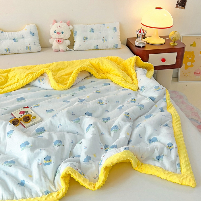 91家纺网 家纺一手货源 找家纺 十九色 2025新款婴幼儿安抚豆豆被全棉华夫格豆豆被一体款+可拆款（可机洗） 一体款-河马宝宝